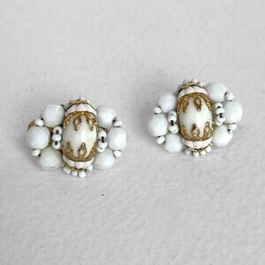 Vintage 60s Signed VENDOME White Glass Clip Earrings Gold Metal 50s Beaded MCM